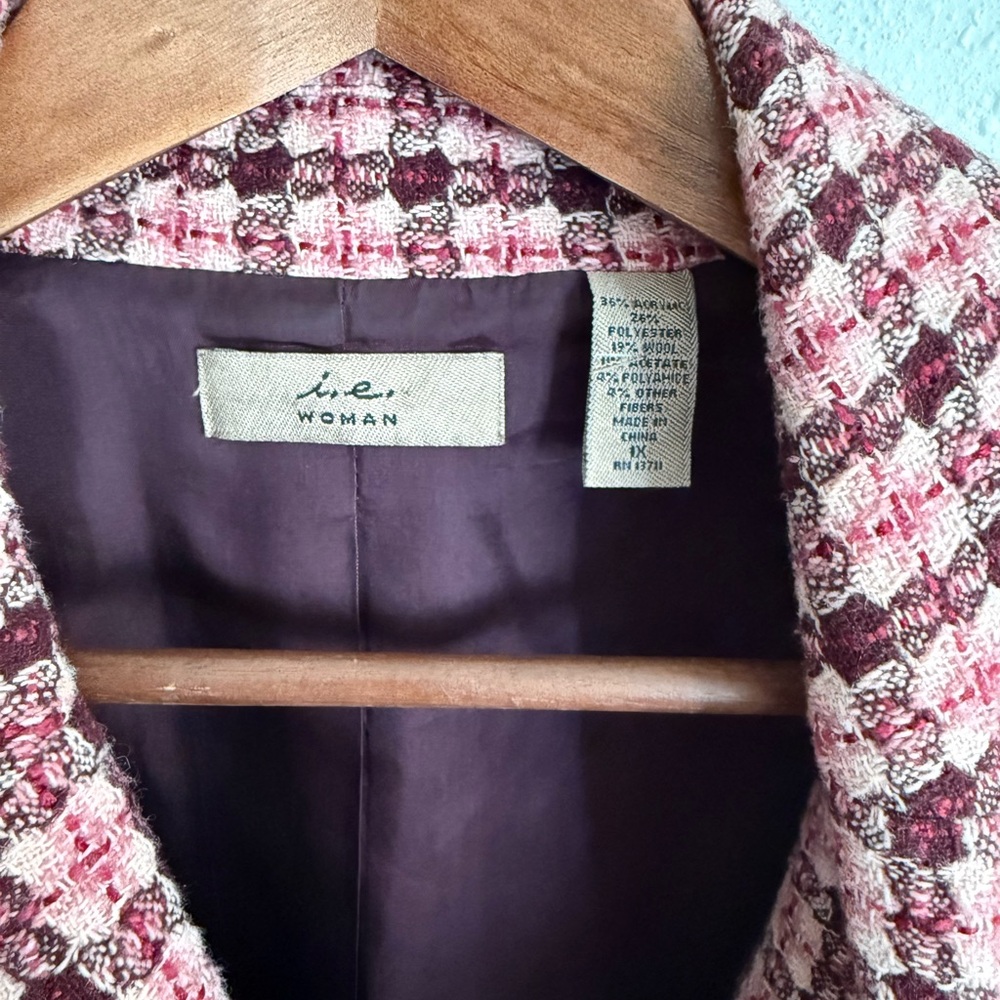 Pink Black Houndstooth Blazer 1X | Plus Size Tweed Statement Jacket - Picture 5 of 10